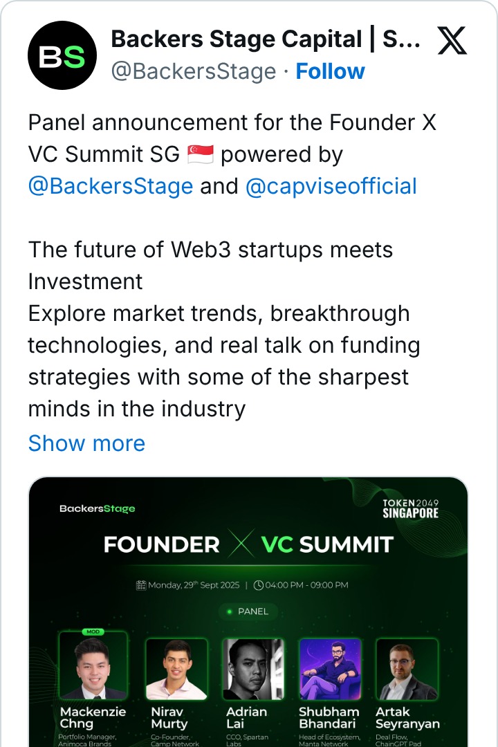 BackersStage announcing the panel for the Founder X VC Summit in Singapore, powered by BackersStage and Capvise