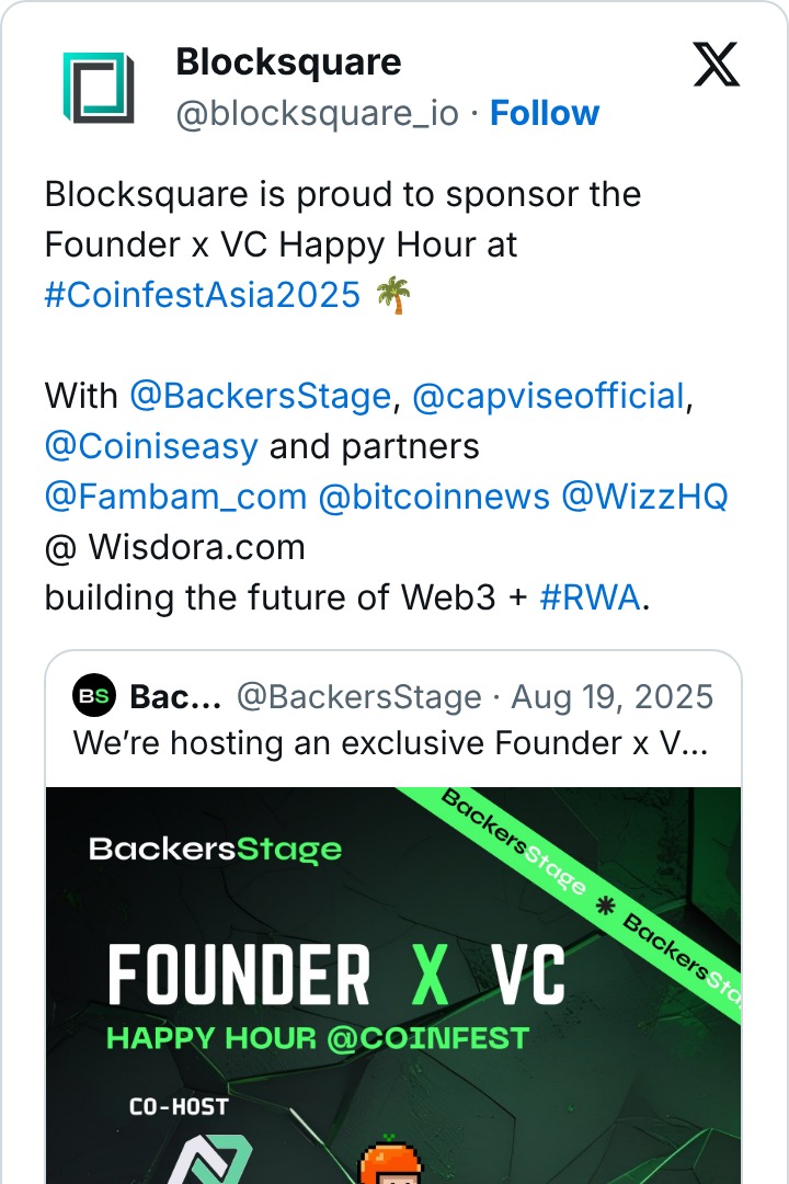 Blocksquare sponsoring the Founder x VC Happy Hour at Coinfest Asia with Capvise in Bali