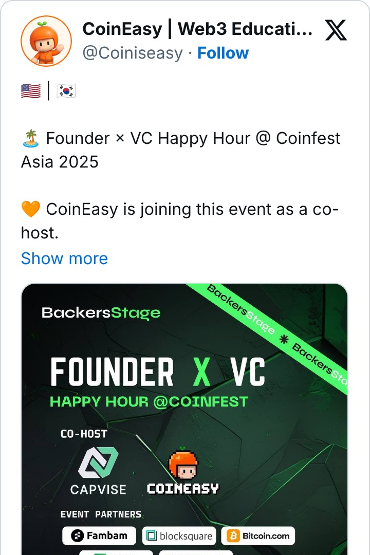 CoinEasy announcing it is co-hosting the Founder × VC Happy Hour at Coinfest Asia in Bali, poster showing Capvise as co-host