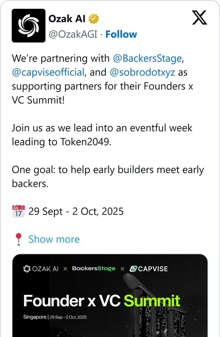 Ozak AI announcing it is partnering with Capvise for the Founder × VC Summit in Singapore