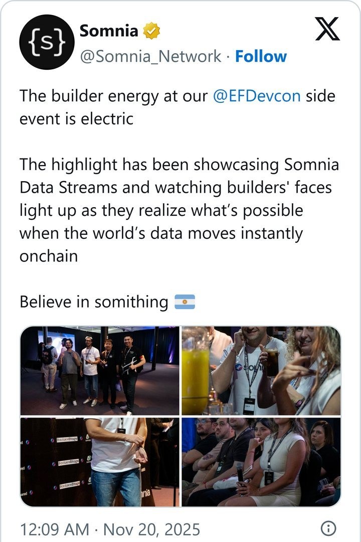 Somnia posting about the builder energy at its Devcon side event in Buenos Aires